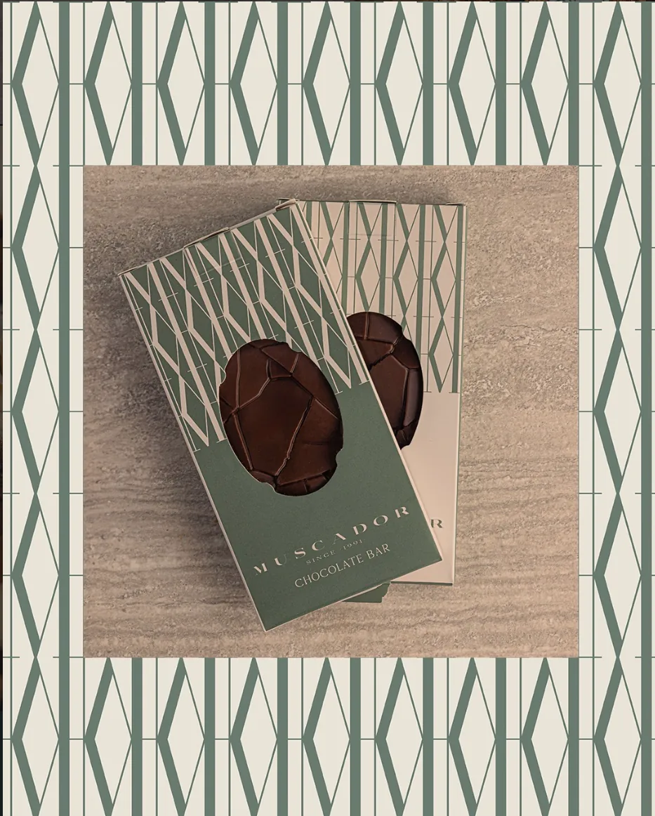 Muscador chocolate bars in art-deco patterned packaging